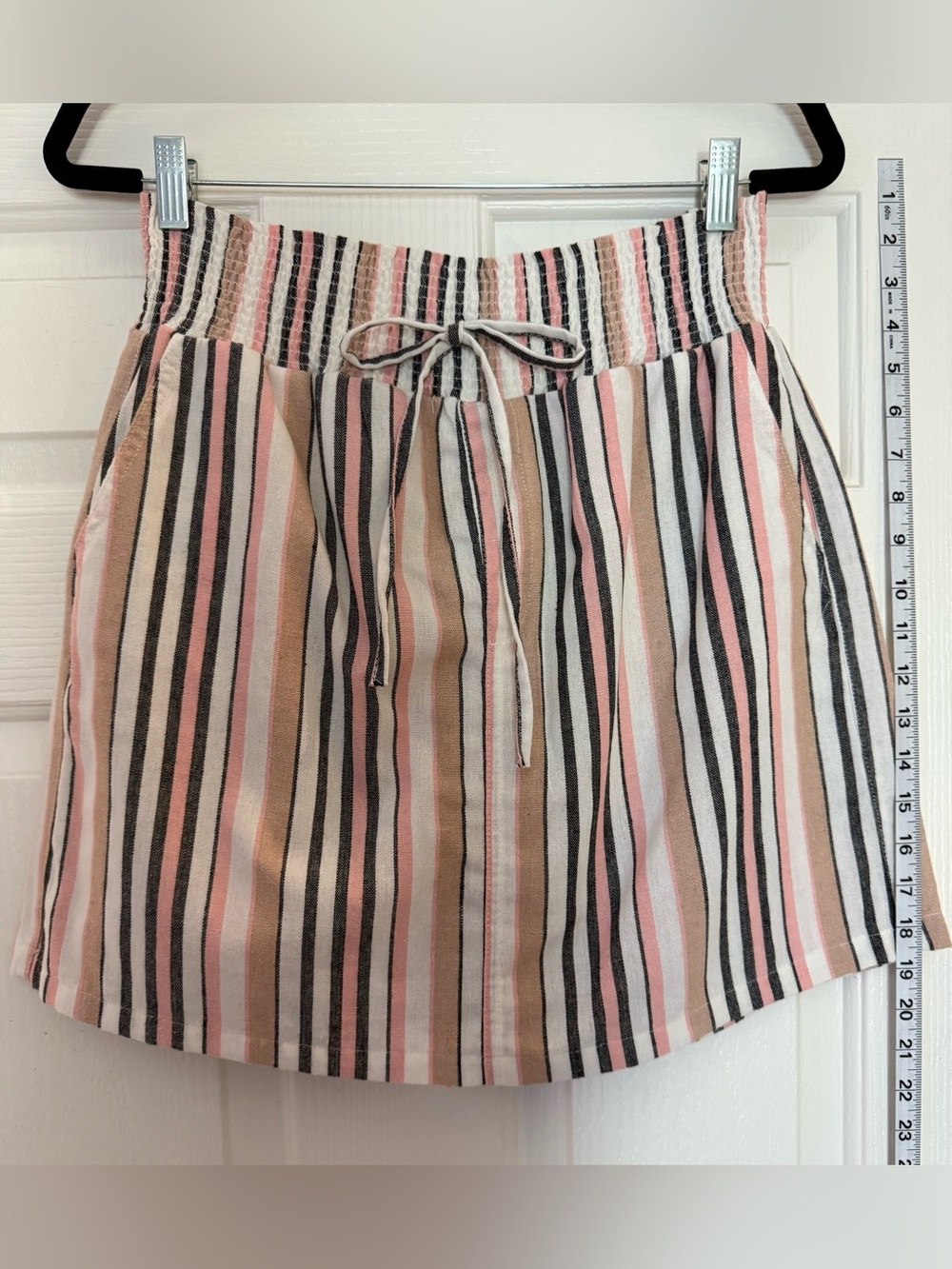 Striped Skort in Pink, Tan & Gray with Elastic Smocked Waist